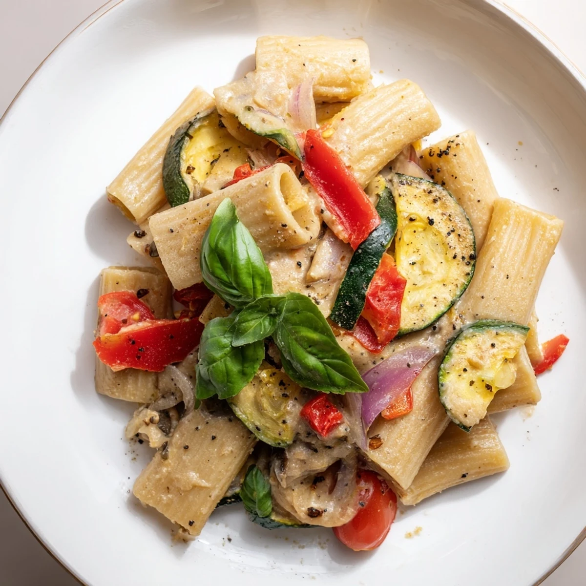 A close-up of Fireside Vegan Pasta shows golden roasted vegetables mixed with creamy cashew sauce.
