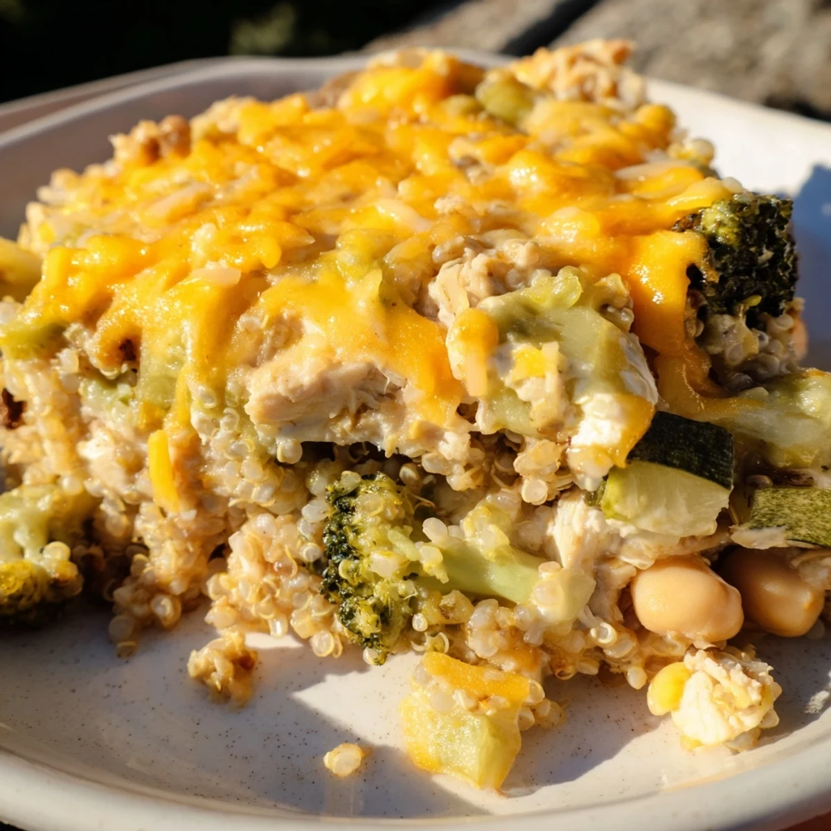 A spoon serves up a slice of the Evergreen High Protein Casserole with melted cheese.