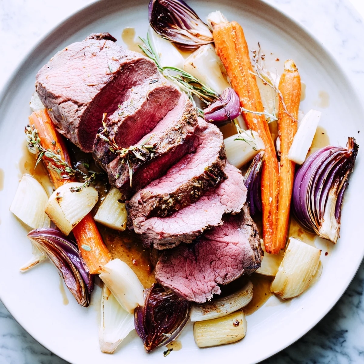 Golden-brown Holiday Market Paleo Roast rests on a platter beside roasted carrots, parsnips, and onions, garnished with fresh thyme for a festive, savory aroma.