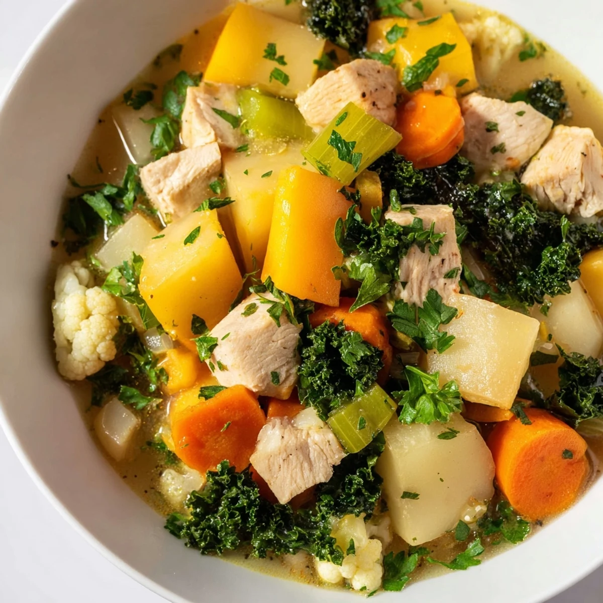 Winter Wellness Low Carb Stew garnished with fresh parsley and lemon wedges, perfect for a cold evening.