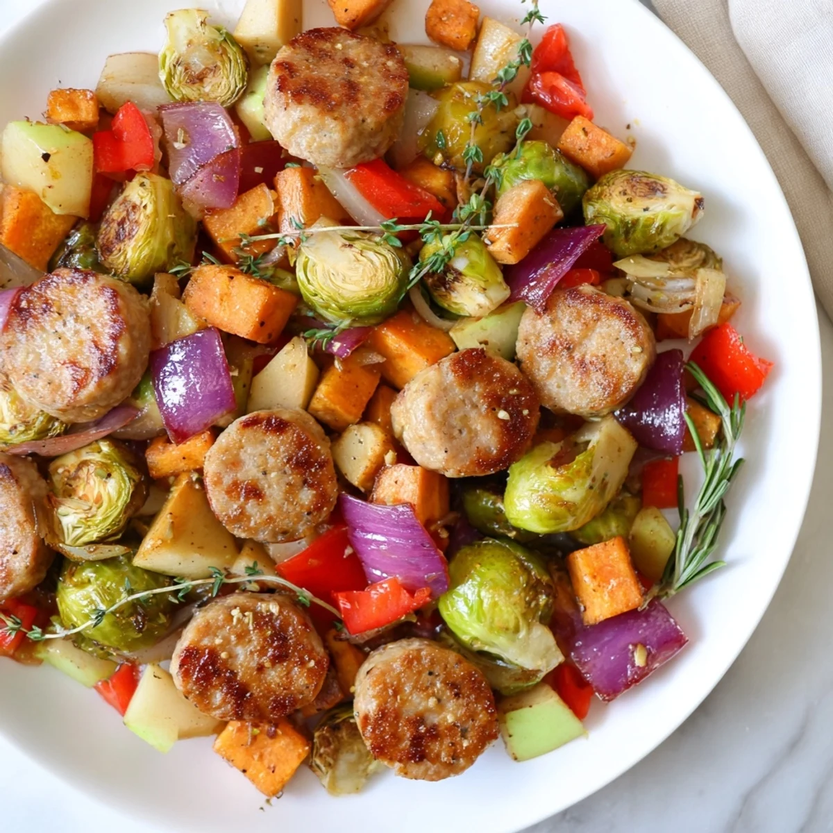 Overhead view of the Holiday Market Paleo Skillet, a rustic one-pan paleo dinner for four with colorful vegetables.