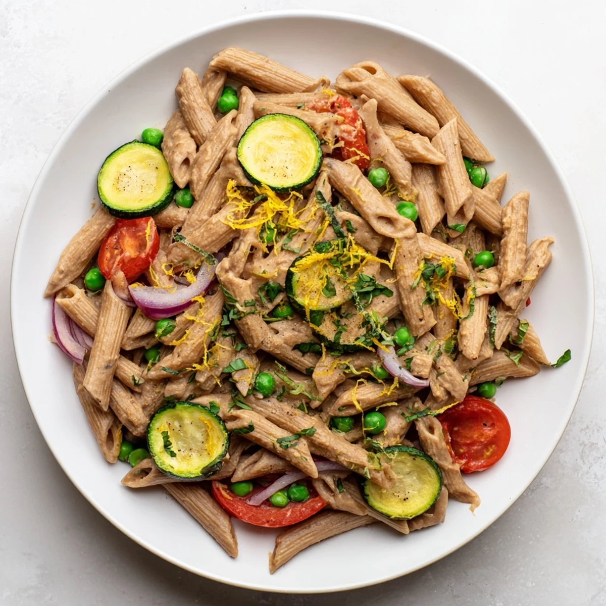 A serving of Solstice Vegan Pasta in a white bowl, garnished with cherry tomatoes and parsley, next to a glass of wine.