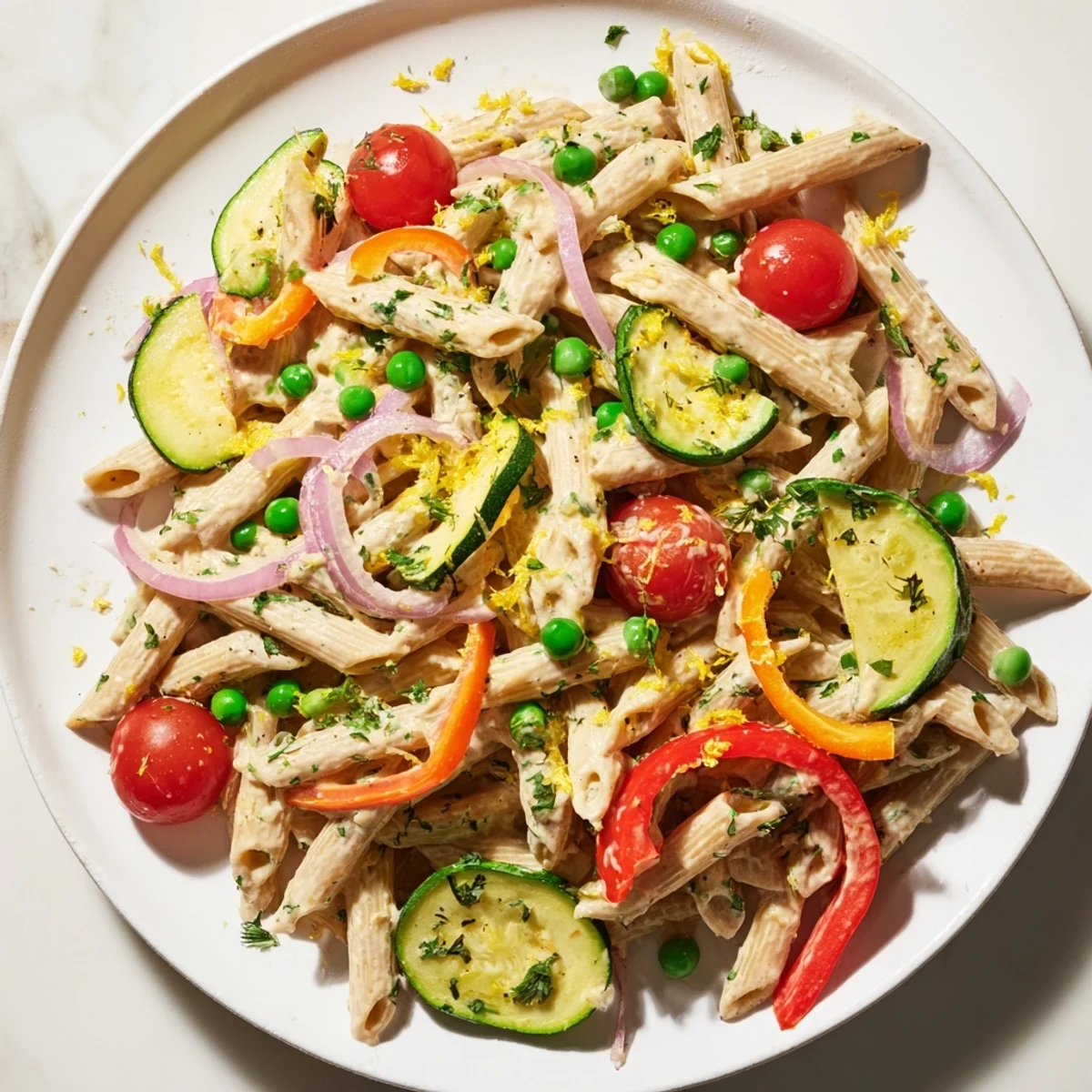 Bright summer vegetables like red bell pepper and zucchini are tossed with whole wheat pasta in this vibrant Solstice Vegan Pasta dish.  
