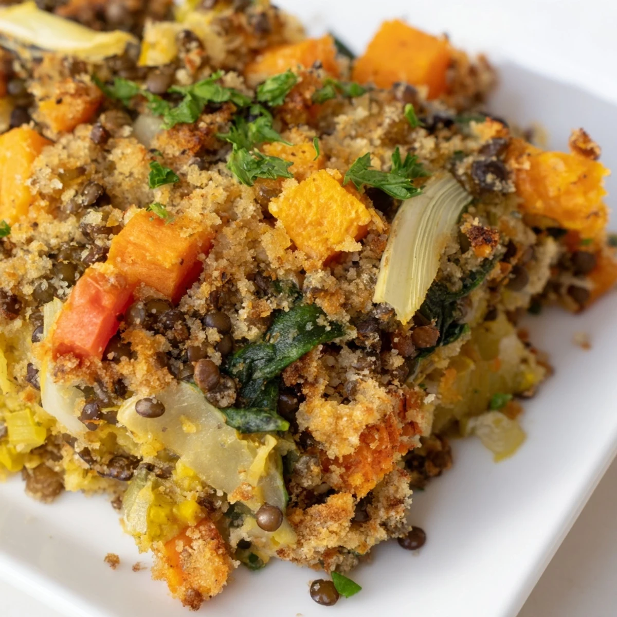 Serving suggestion for Cozy Evening Vegan Casserole alongside a fresh green salad and a slice of crusty artisan bread.