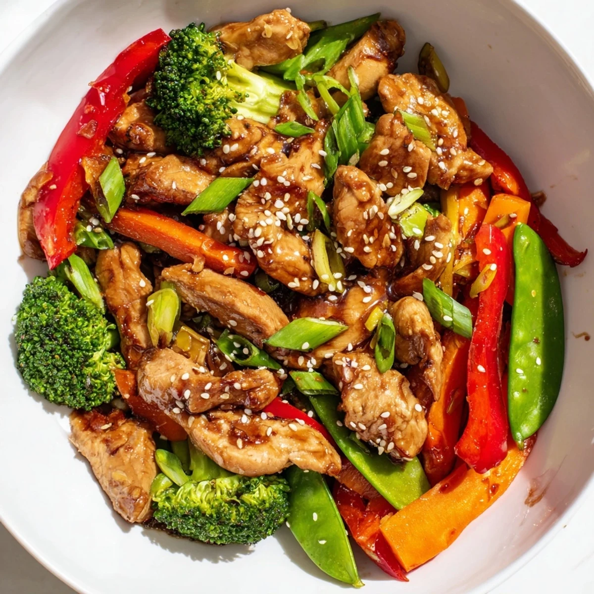 Plated Winter Wellness High Protein Stir Fry with vibrant snow peas and napa cabbage, chopsticks resting beside the steaming dish.