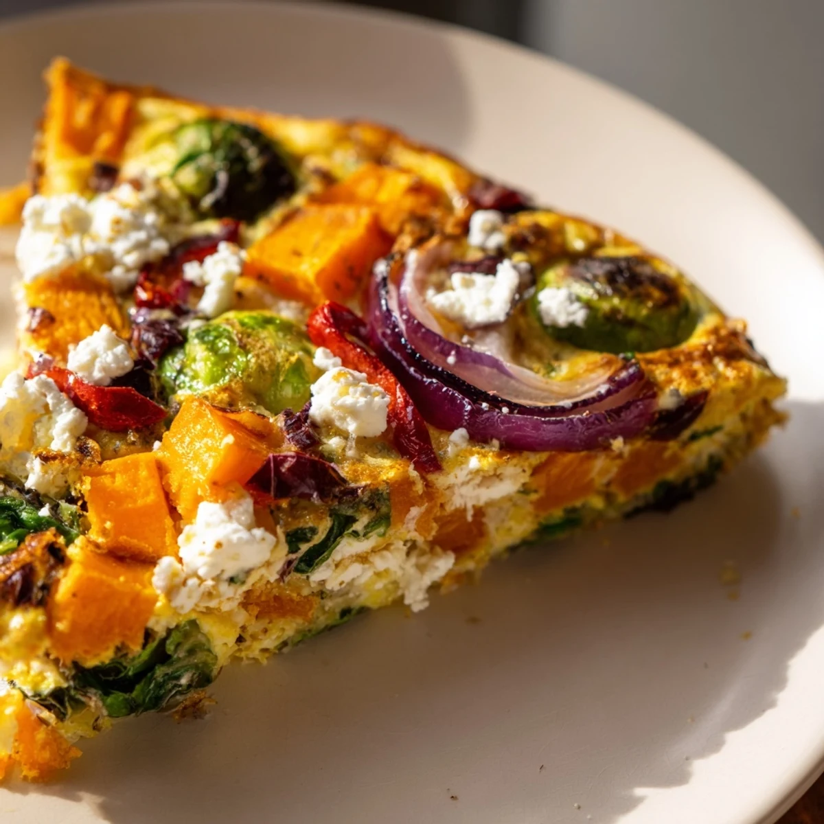 Fluffy Winter Harvest Low Fat Frittata with caramelized butternut squash and Brussels sprouts, served warm on a plate.
