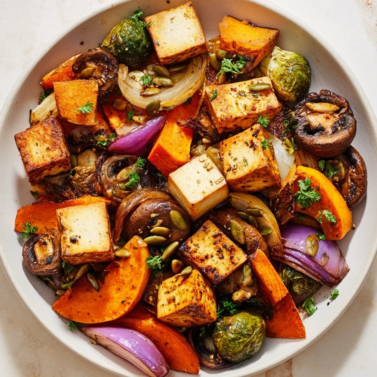 Hearty Winter Garden High Protein Roast served hot with fresh parsley and toasted pumpkin seeds.