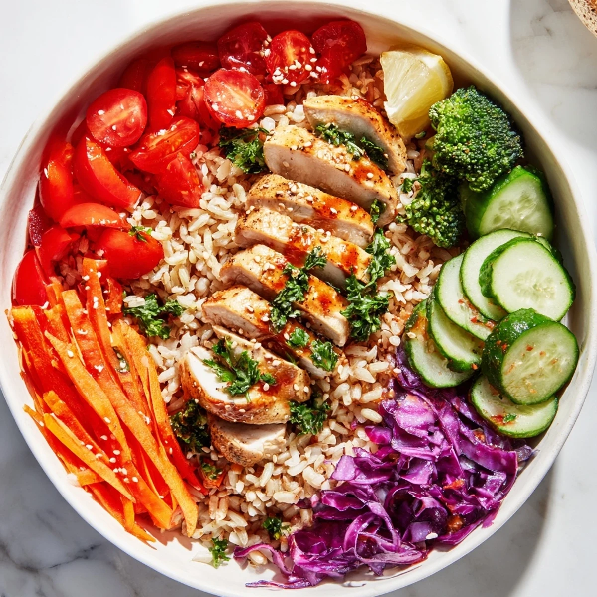 Colorful New Year Low Fat Bowl with brown rice, grilled chicken, fresh crunchy vegetables, and a creamy yogurt dressing.