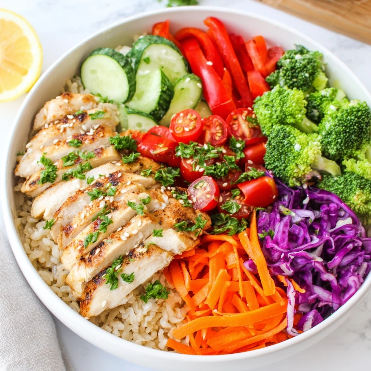 Healthy New Year Low Fat Bowl served in a white bowl, topped with chickpeas, vibrant veggies, and sesame seeds.