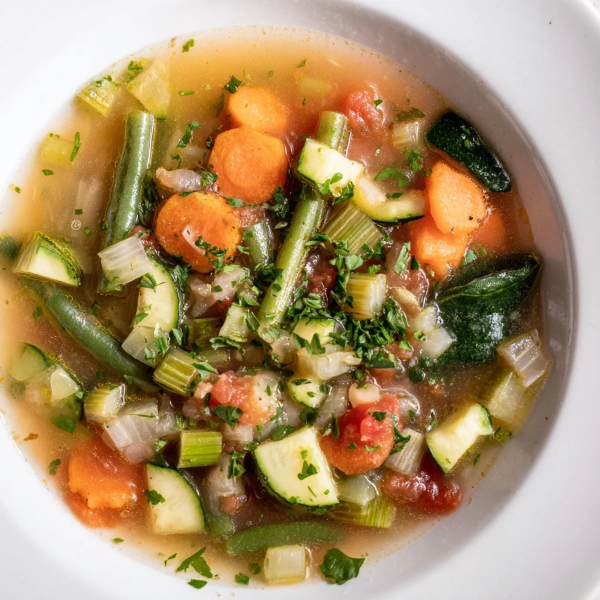 A close-up of the Cozy Evening Low Fat Soup shows tender carrots and zucchini in a vibrant red tomato broth.
