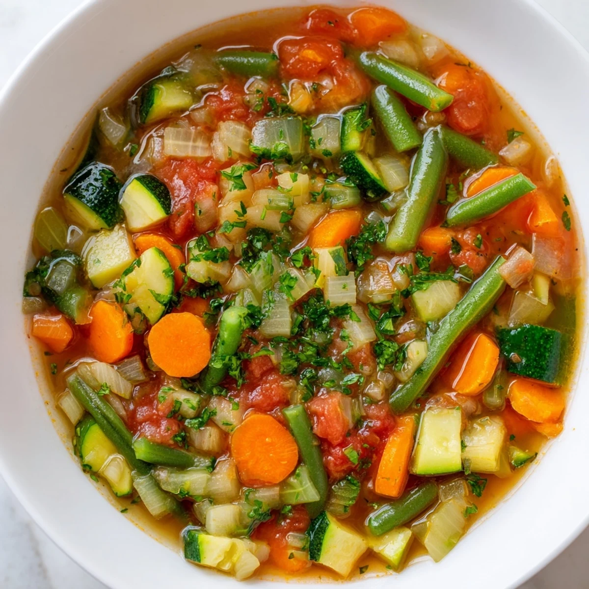 In a rustic white bowl, the Cozy Evening Low Fat Soup is garnished with fresh parsley next to crusty bread.