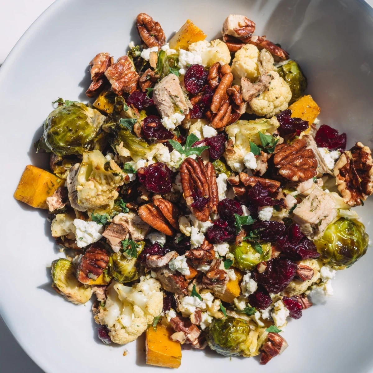 A hearty bowl of roasted turkey and vegetables, drizzled with tangy cranberry vinaigrette and topped with crunchy pecans, feta, and parsley.