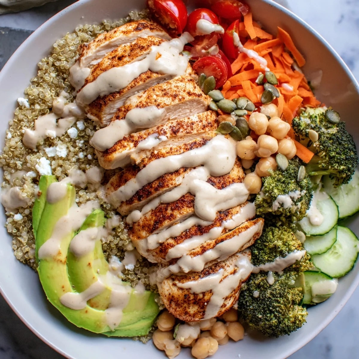 Freshly roasted chicken, sliced and arranged over fluffy quinoa, topped with avocado, cherry tomatoes, and cucumber on a wooden table.