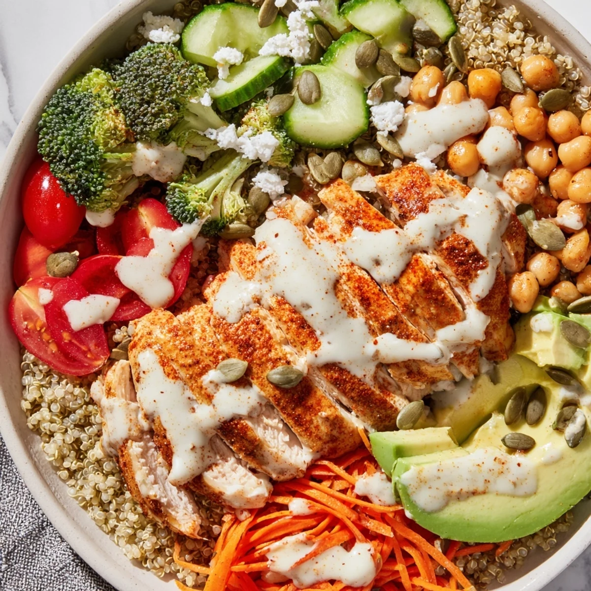 A nourishing Solstice High Protein Bowl with chickpeas and pumpkin seeds, ready to serve as a vibrant, gluten-free lunch.