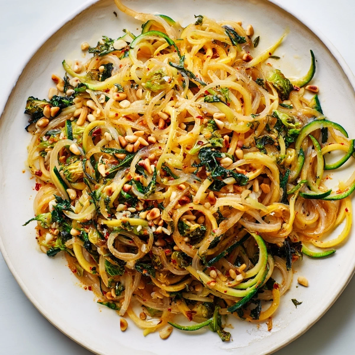 This low carb Winter Garden Low Carb Pasta shows heaps of tender winter vegetables like rutabaga and kale, glistening with olive oil and lemon juice on a rustic serving plate.