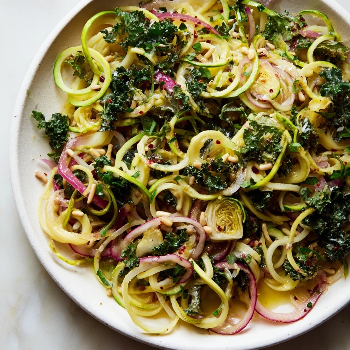 A close-up of Winter Garden Low Carb Pasta with fresh thyme, rosemary, and grated Parmesan cheese, served warm in a white bowl beside a glass of crisp white wine.