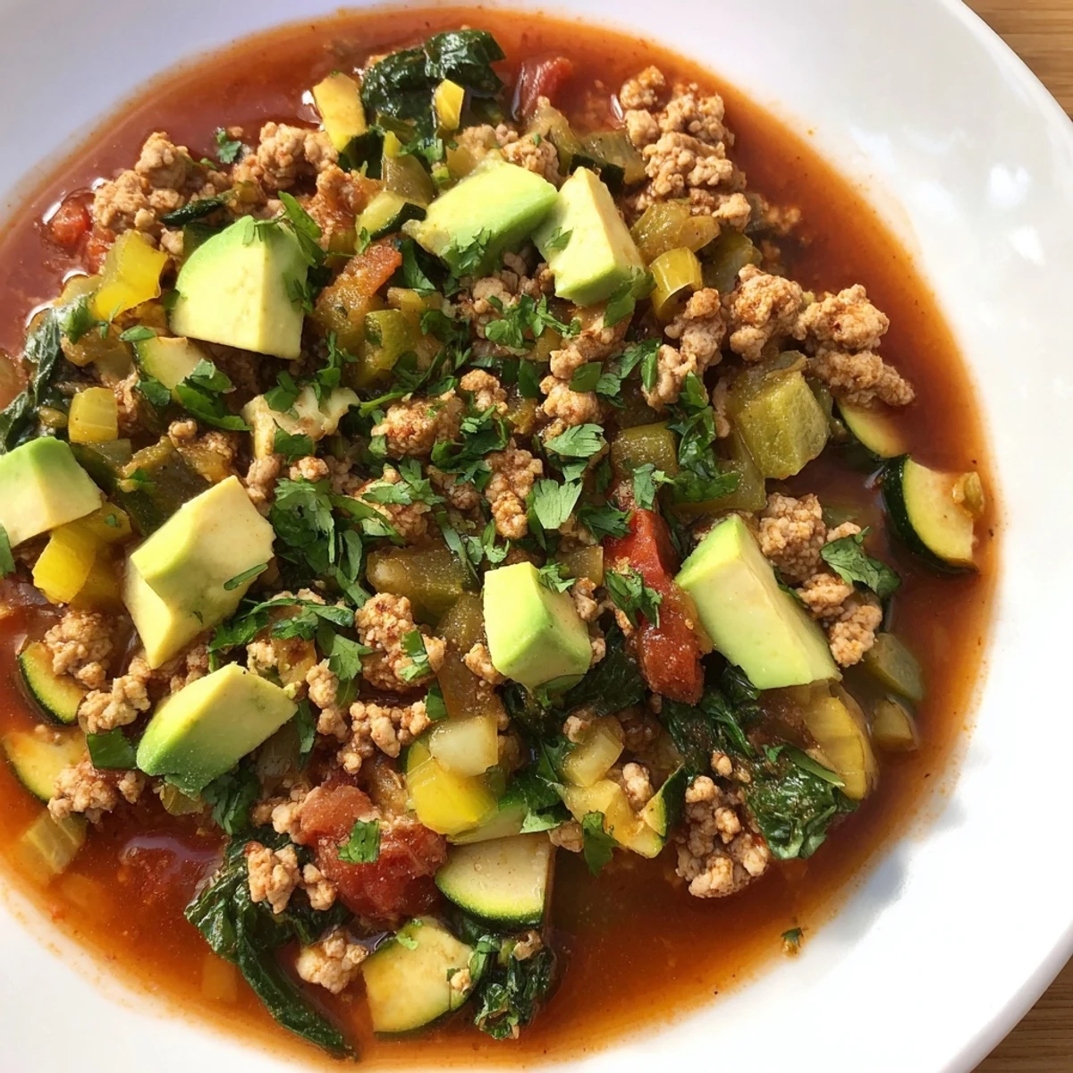 A hearty bowl of Evergreen Paleo Chili topped with fresh cilantro and avocado, served steaming hot.