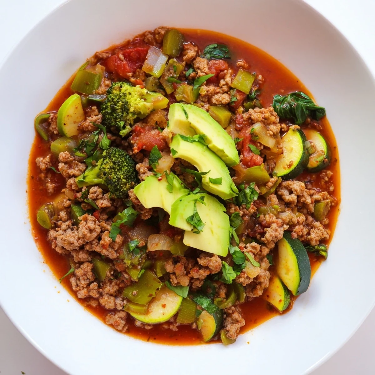 Evergreen Paleo Chili simmering in a pot, packed with green veggies and lean meat for a healthy meal.