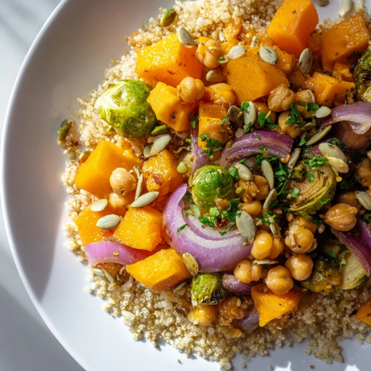 Roasted vegetables and chickpeas paired with fluffy quinoa for the Holiday Market High Protein Side Dish served warm on a platter.