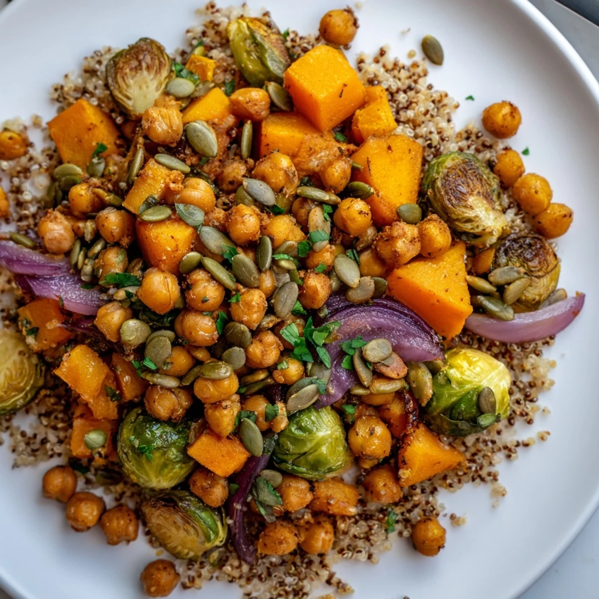 A close-up of the Holiday Market High Protein Side Dish showing golden butternut squash and Brussels sprouts garnished with pumpkin seeds.