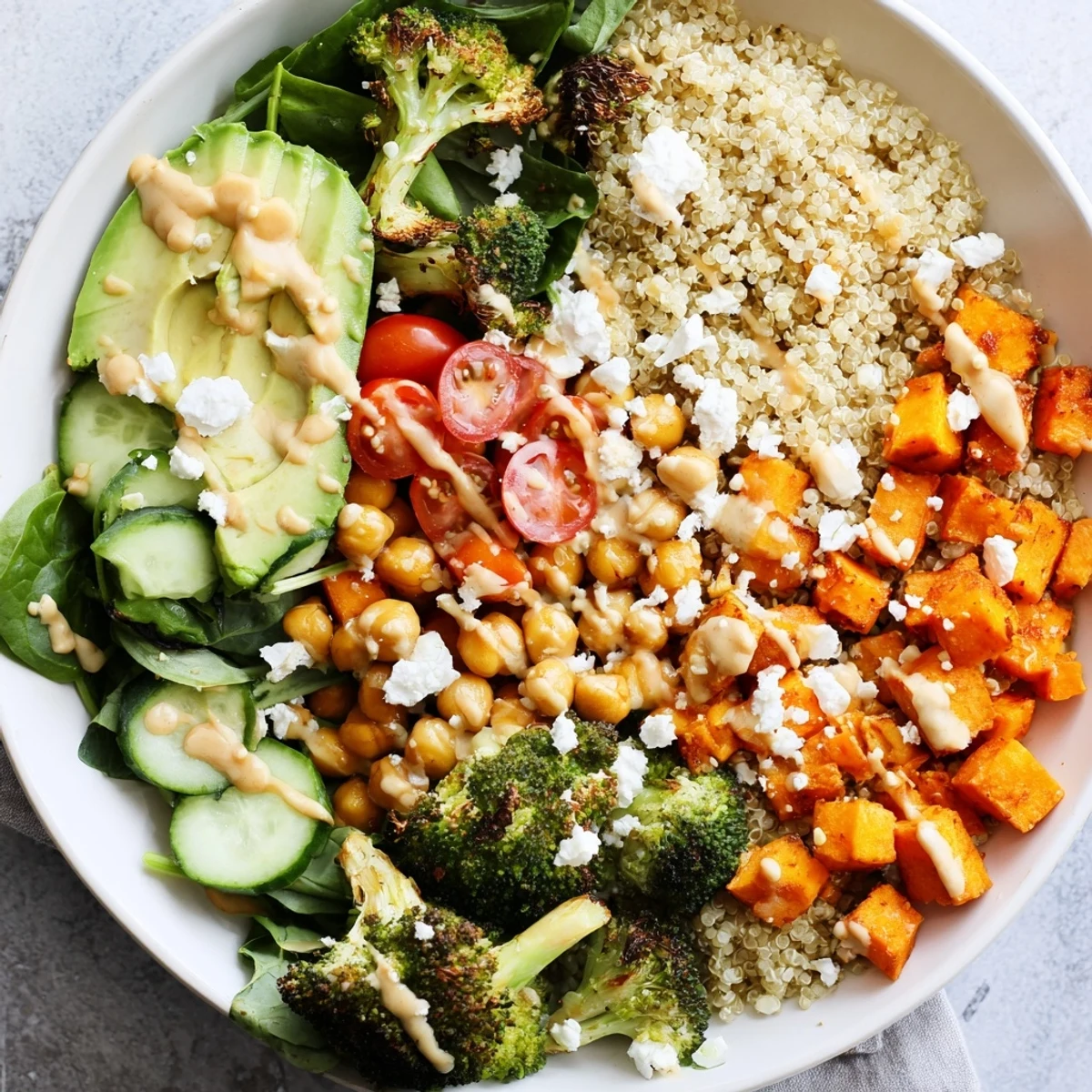 Sliced avocado, chickpeas, and a creamy tahini dressing top this colorful Evergreen High Protein Grain Bowl for lunch.