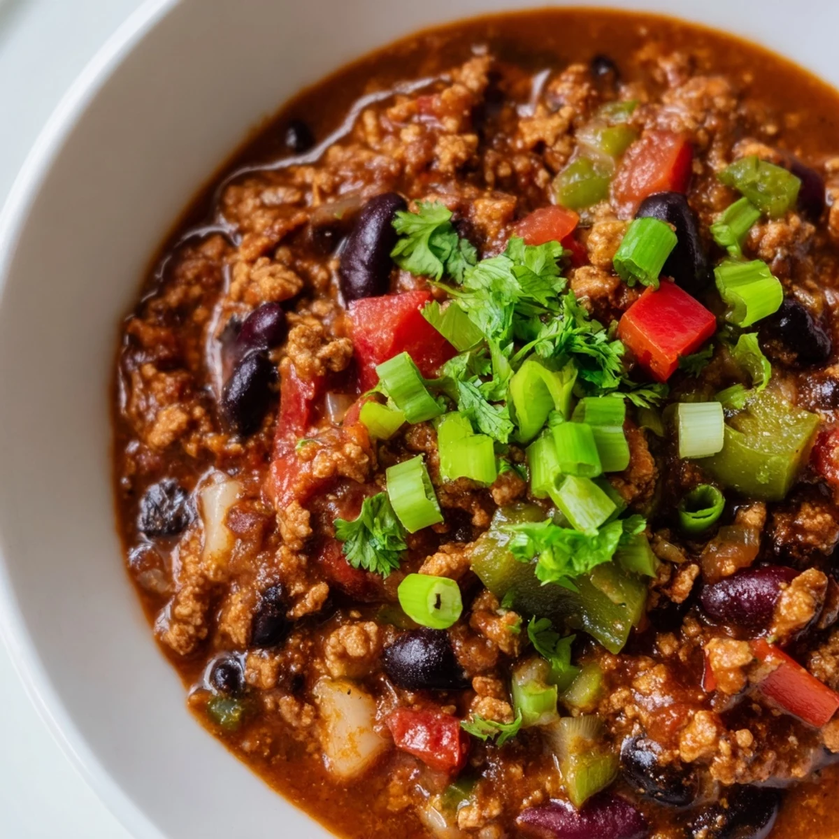 Vibrant red bell peppers and black beans make this Crisp Air High Protein Chili pop in the bowl.