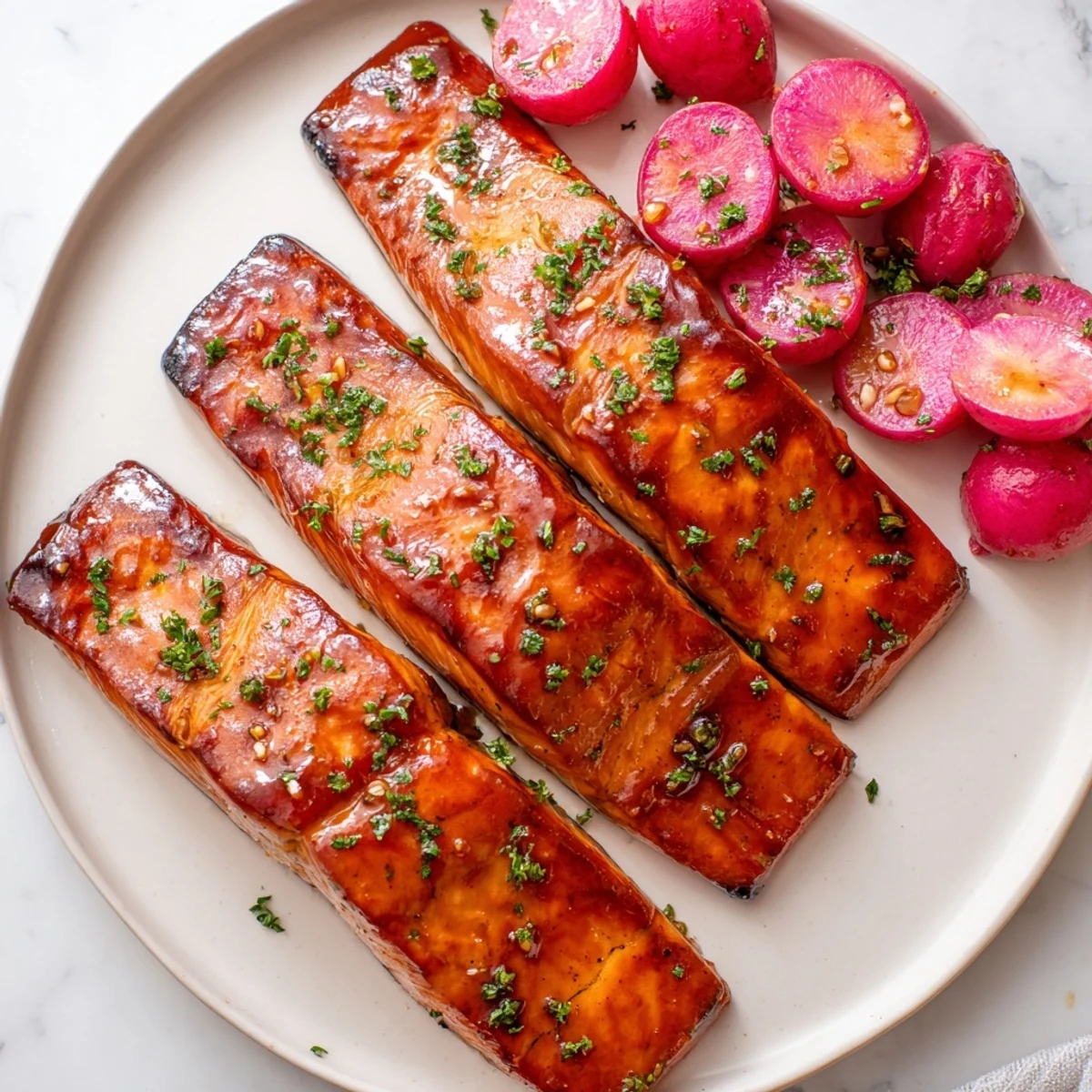 Fork-tender salmon fillets glistening with spicy-sweet hot honey glaze, served alongside caramelized roasted radishes for a vibrant dinner.