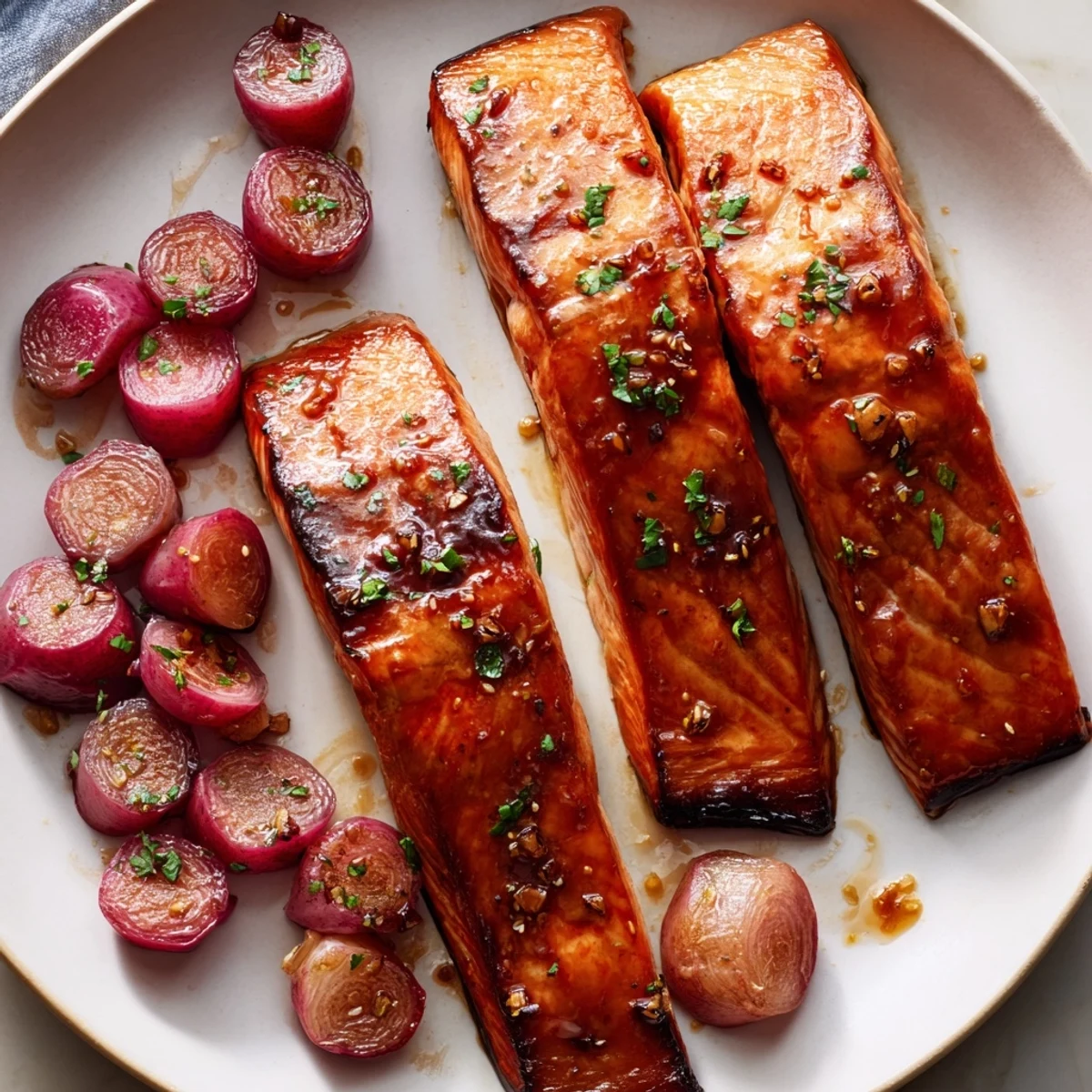 Enjoy this easy Hot Honey Glazed Salmon With Roasted Radishes garnished with fresh parsley and lemon wedges for a bright finish.