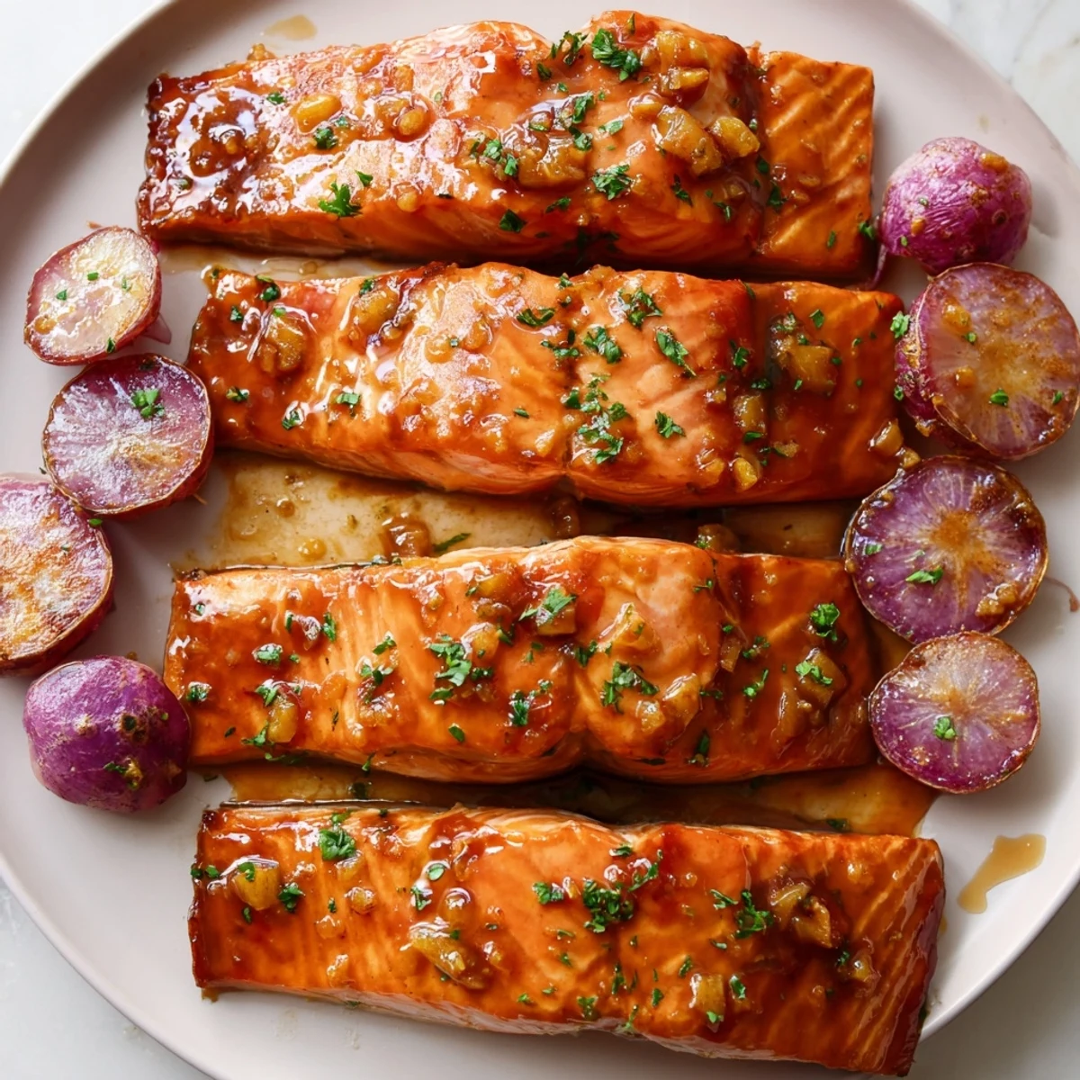 Hot Honey Glazed Salmon With Roasted Radishes recipe showcases perfectly flaky fish and crisp root vegetables on a white plate.