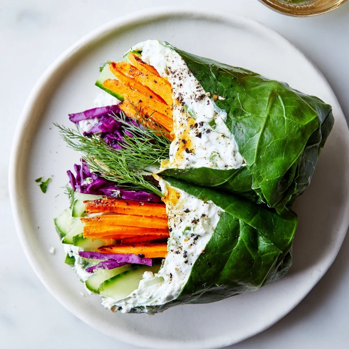 Serving suggestion for Whipped feta and roasted carrot collard wraps featuring purple cabbage and dill.