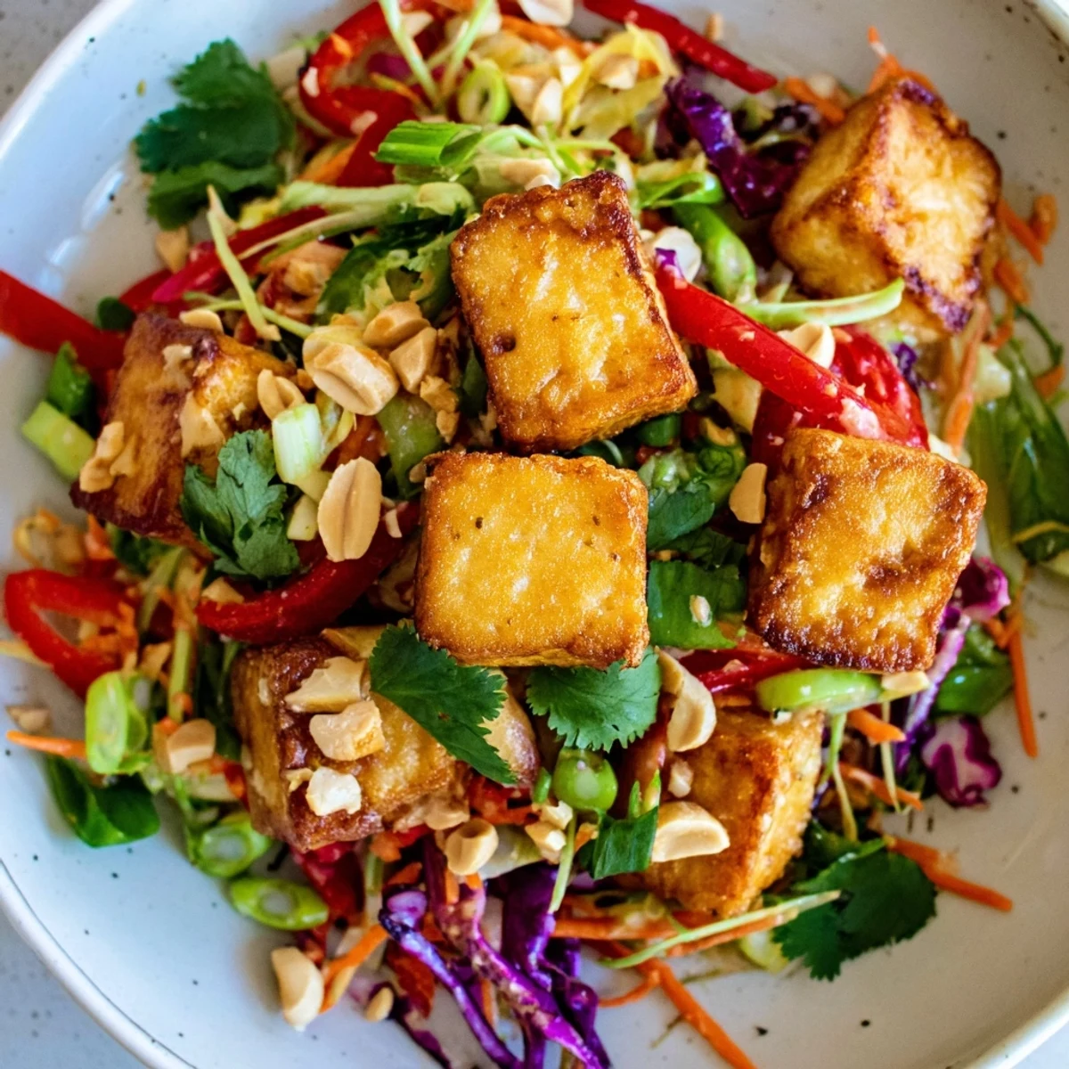 Crispy Tofu With Spicy Peanut Lime Slaw served on a plate with golden cubes and vibrant, colorful vegetables.