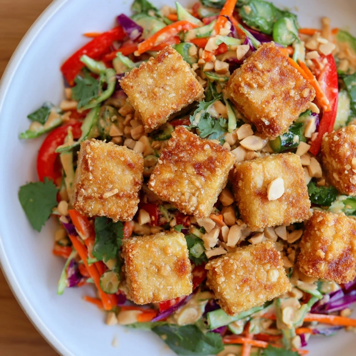 A close-up of Crispy Tofu With Spicy Peanut Lime Slaw, highlighting the crunchy texture and fresh cilantro garnish.