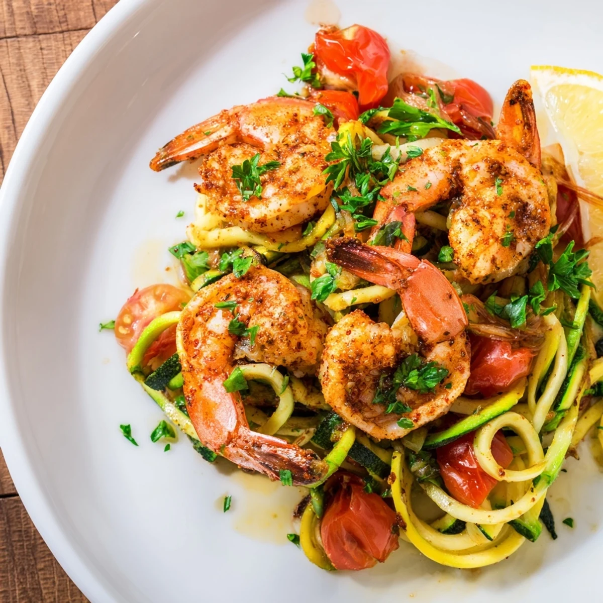 Bright pink smoky paprika shrimp and crisp zucchini noodles tossed with garlic and cherry tomatoes.