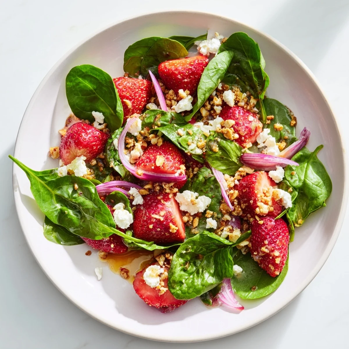Sweet roasted strawberries glisten over fresh baby spinach in this Roasted Strawberry and Spinach Salad with Almond Crumble, topped with creamy goat cheese.