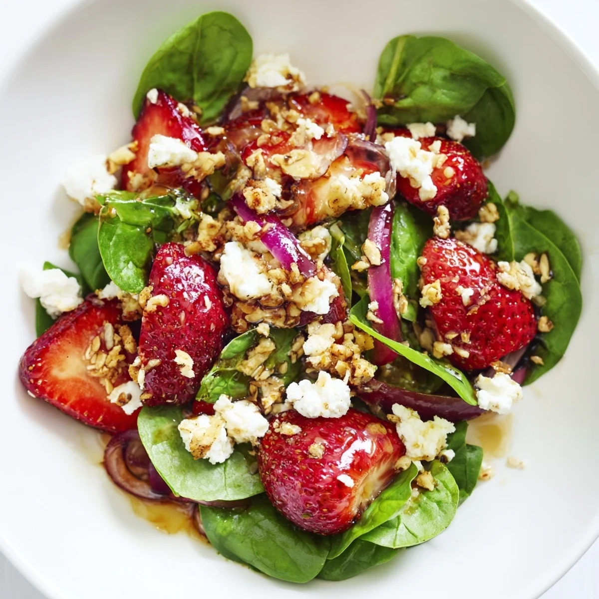 A close-up of Roasted Strawberry and Spinach Salad with Almond Crumble shows golden crunchy topping and tangy balsamic vinaigrette drizzled over greens.