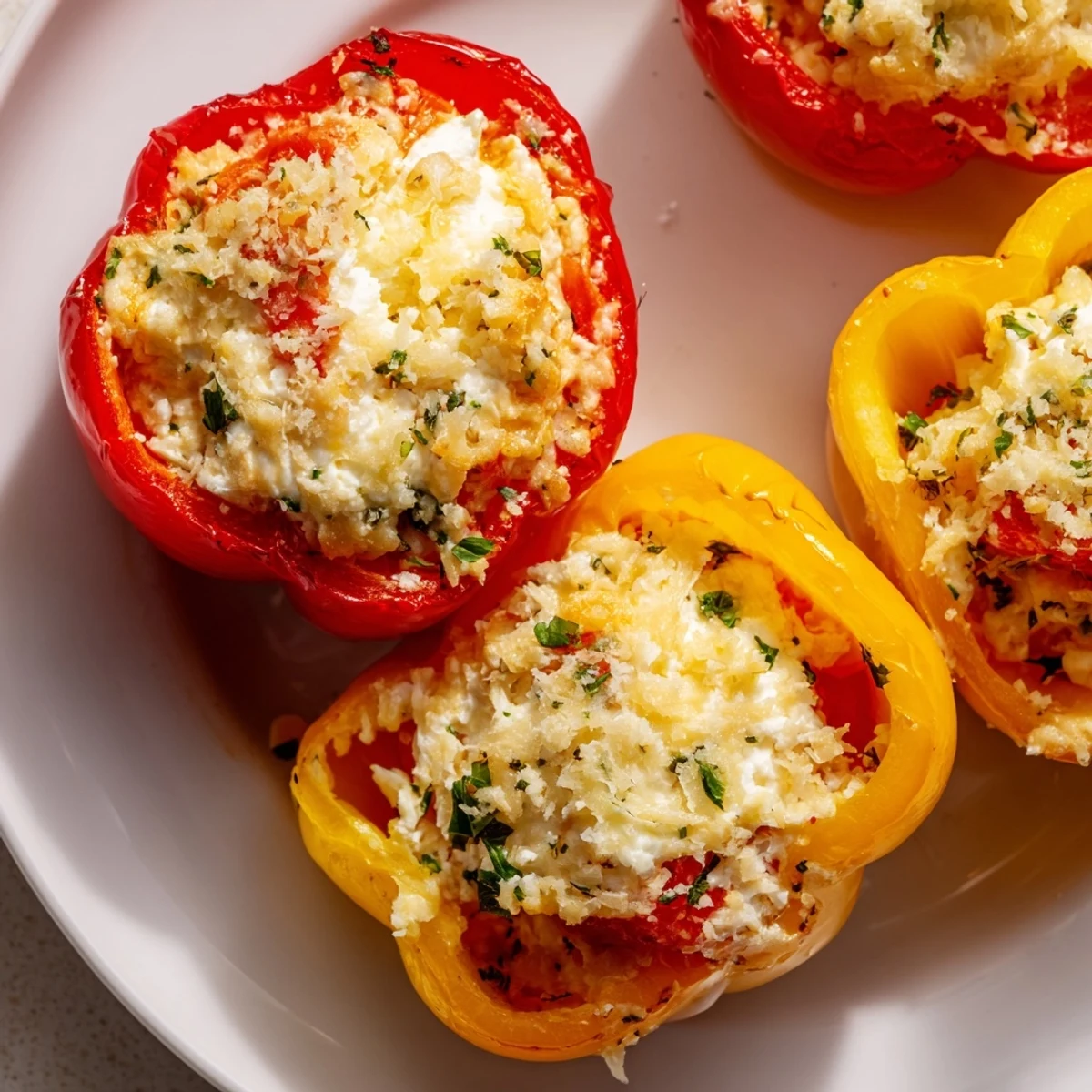 Bright red bell peppers are filled with a creamy cottage cheese herb mixture, ready to serve for dinner.