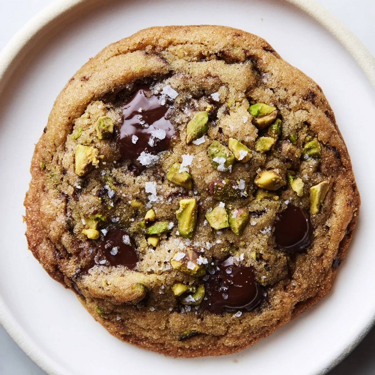 Golden Brown Butter Pistachio Chocolate Chip Cookies on a cooling rack with melted chocolate.
