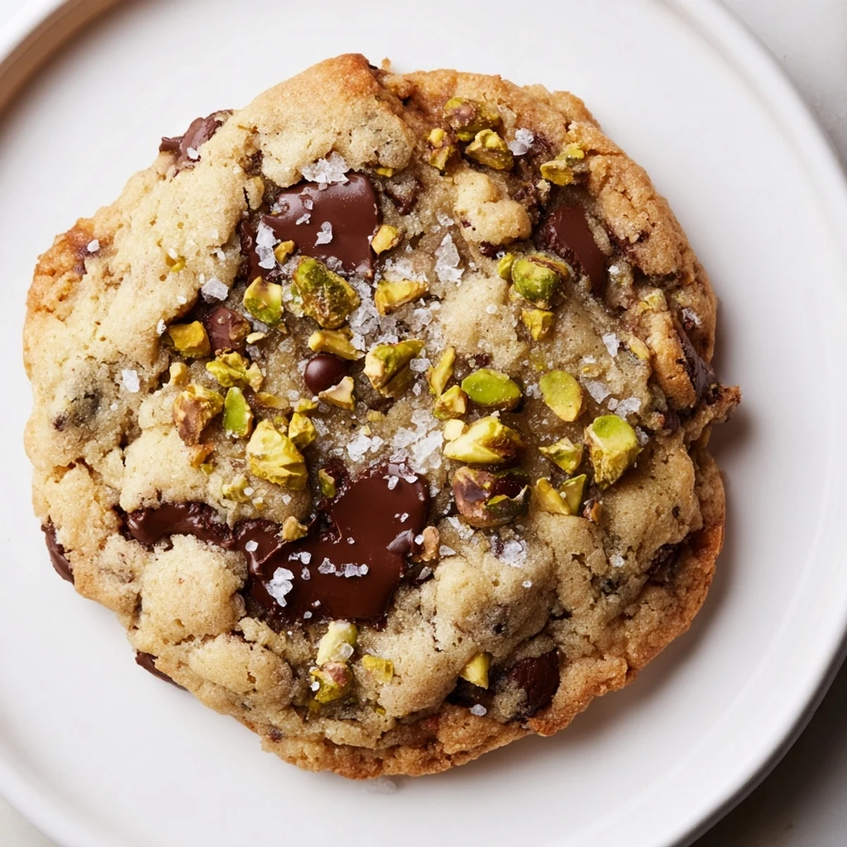 Chewy Brown Butter Pistachio Chocolate Chip Cookies on a rustic wooden board, ready to serve.