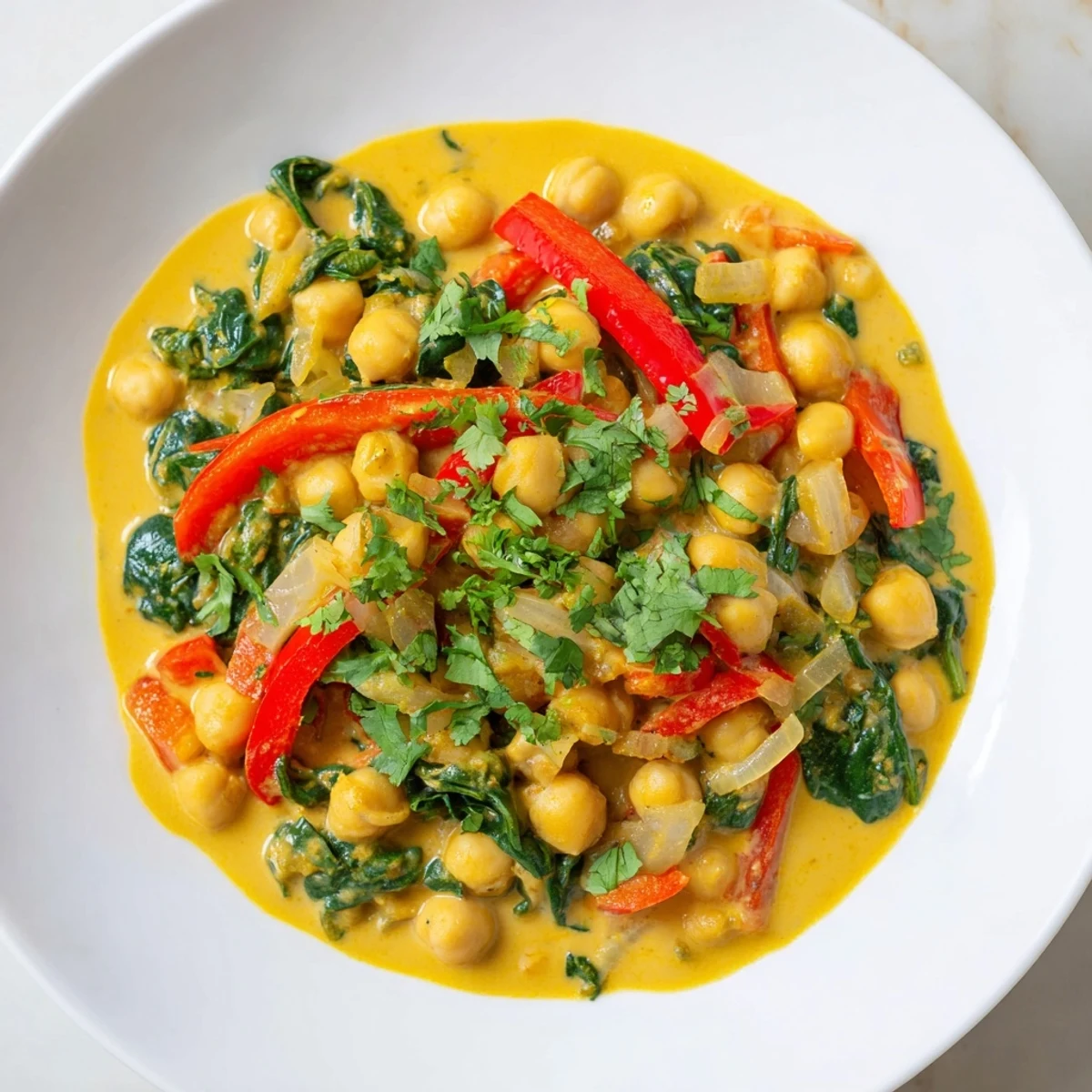 A close-up of Turmeric Coconut Chickpea Skillet With Wilted Greens steaming in a rustic pan.