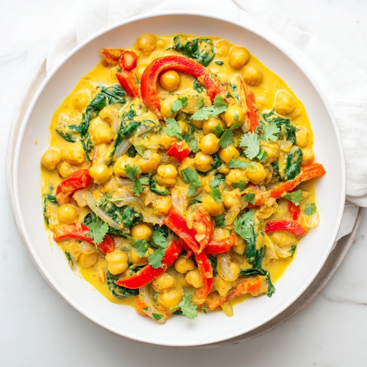 Turmeric Coconut Chickpea Skillet With Wilted Greens served over fluffy rice with cilantro garnish.