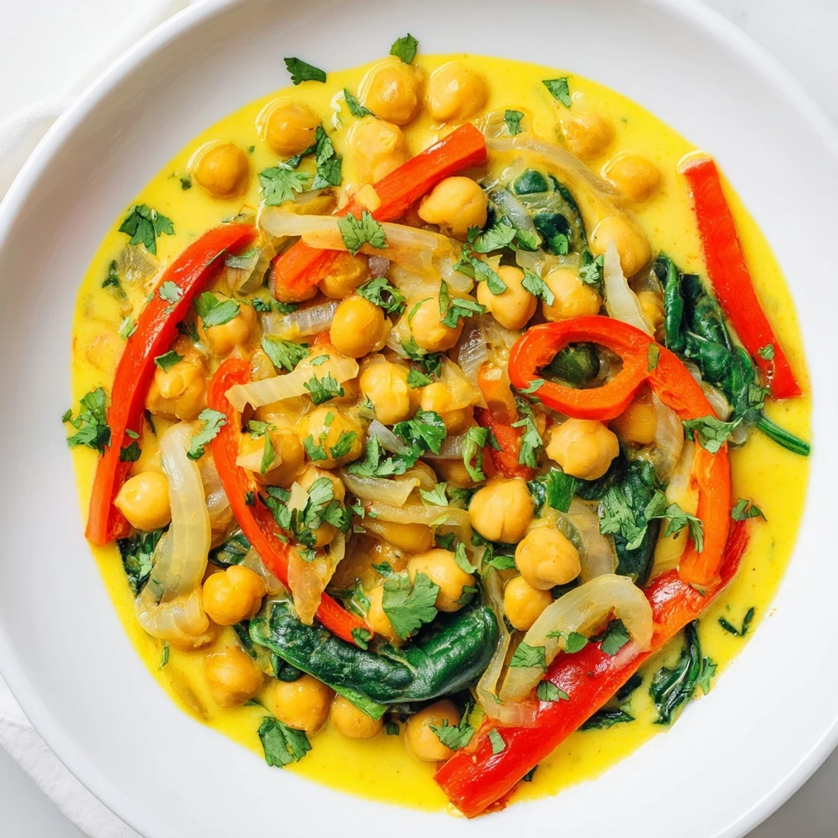 A vibrant bowl of Turmeric Coconut Chickpea Skilt With Wilted Greens, featuring bright yellow sauce and greens.