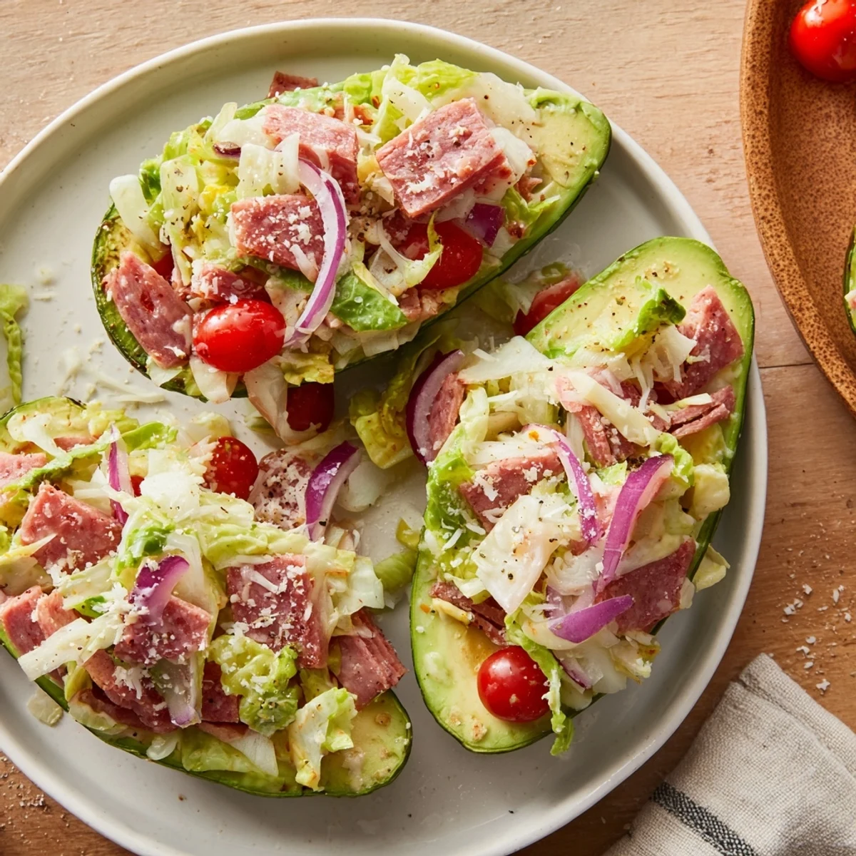 Ripe avocado halves cradle a creamy grinder salad filling with crunchy lettuce, salami, and provolone.