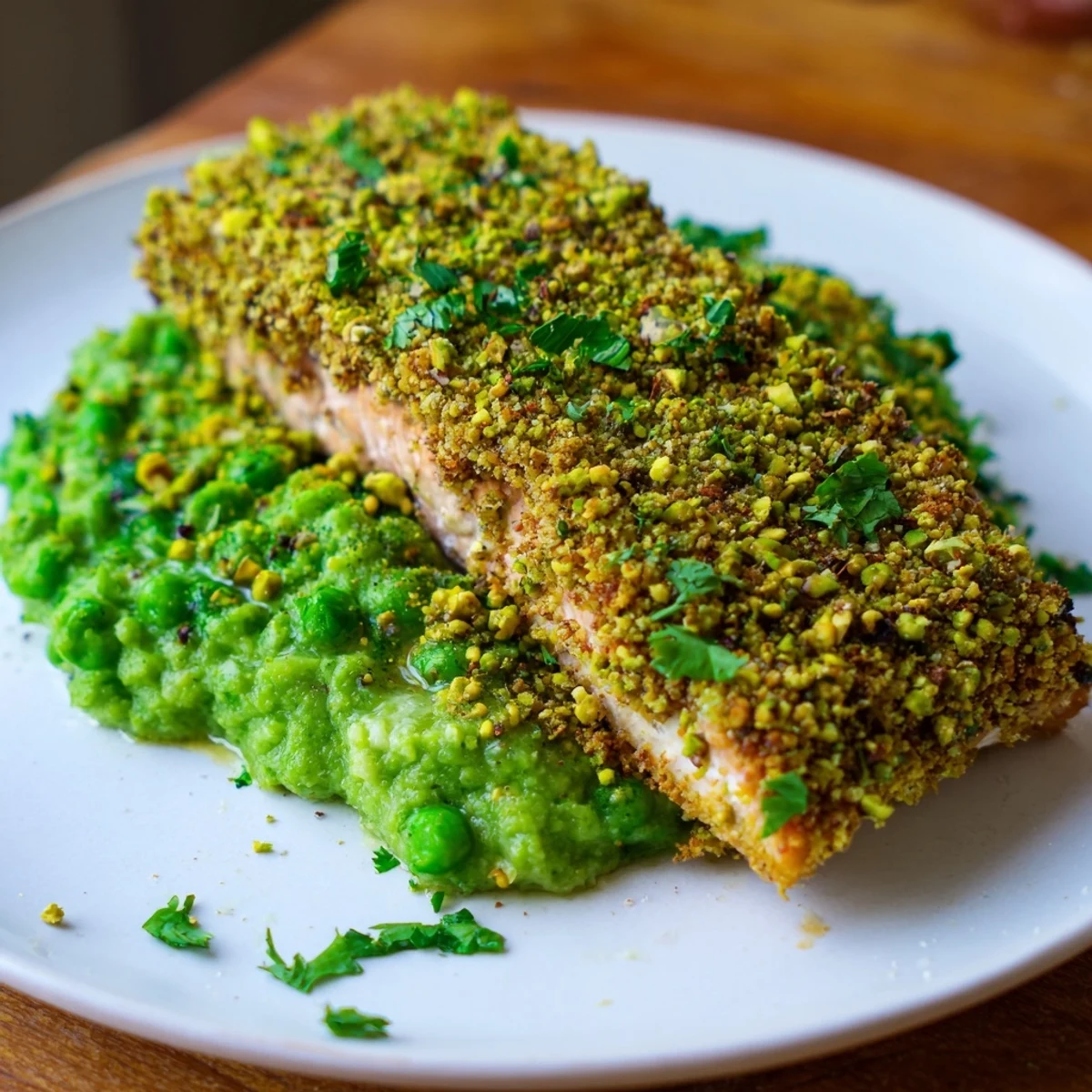 Crispy pistachio-crusted salmon fillets rest on a vibrant green spring pea mash, garnished with fresh herbs.
