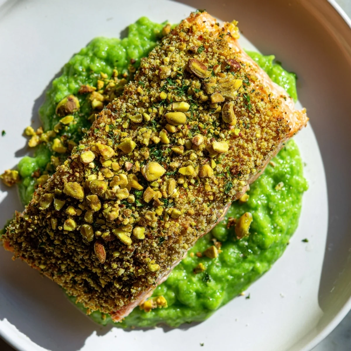 Golden-baked pistachio-crusted salmon is plated with creamy lemon-mint pea mash and a wedge for squeezing.