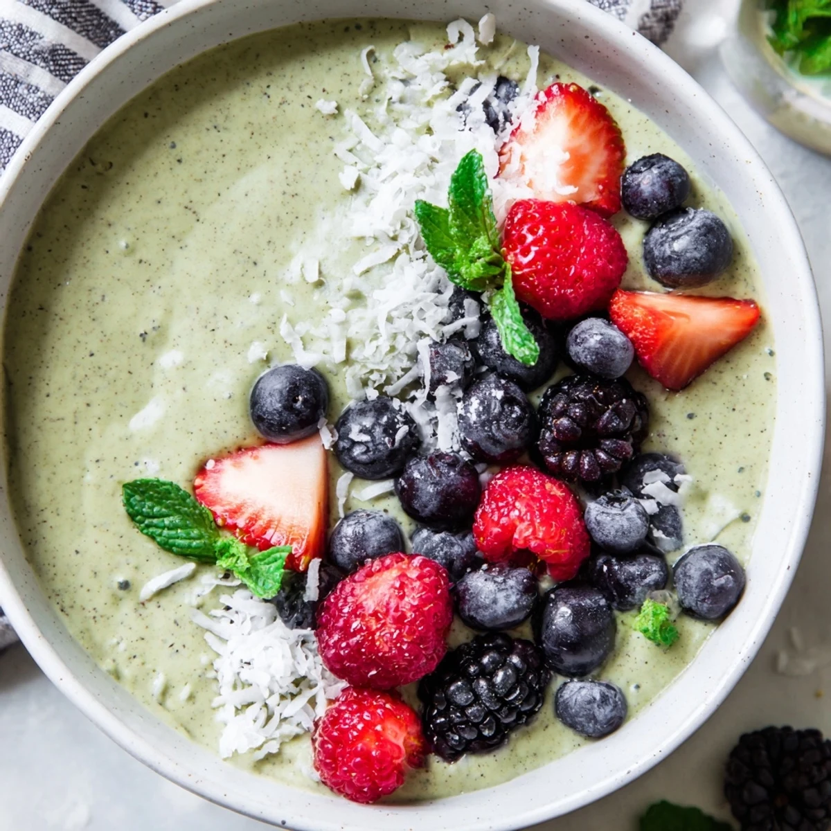This overhead view of Matcha Chia Coconut Pudding With Fresh Berries highlights its vibrant green color and fresh mint garnish.