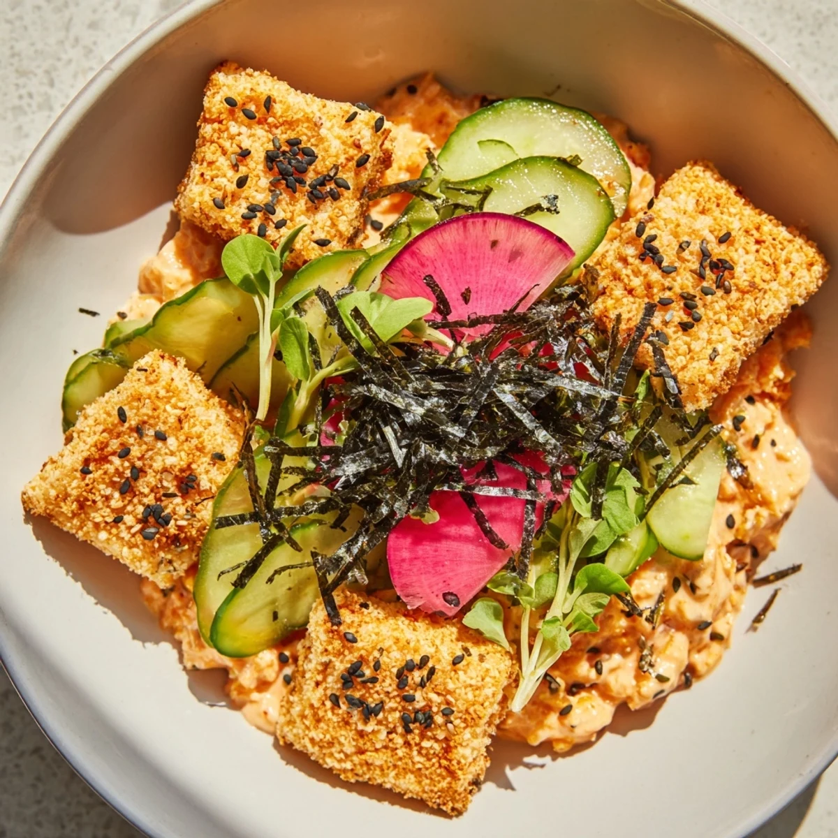 Crispy Rice and Spicy Tuna Cauliflower Bowl shows golden bites beside creamy avocado and fresh cucumber slices.