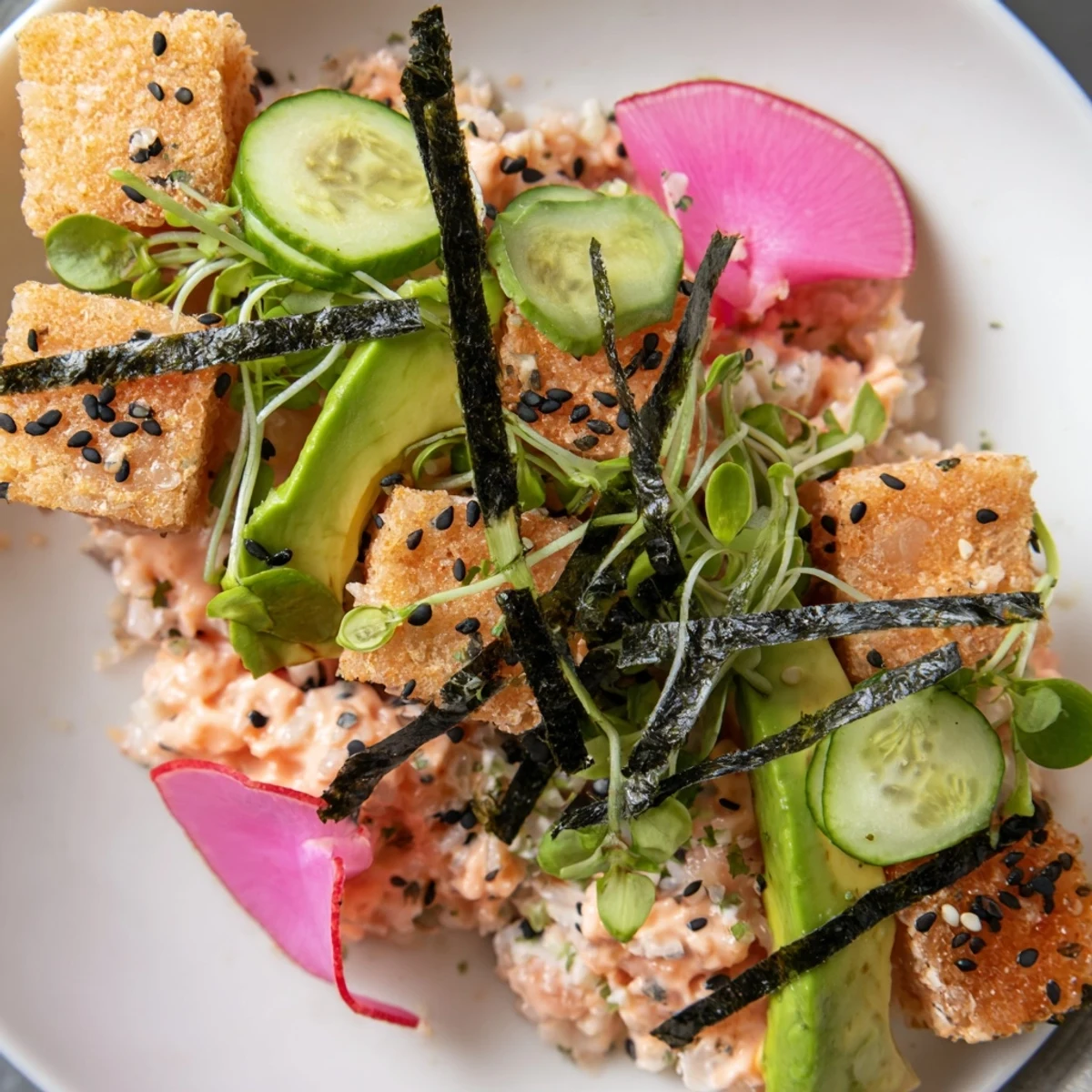 Vibrant Crispy Rice and Spicy Tuna Cauliflower Bowl served in a ceramic dish with pickled ginger accents.