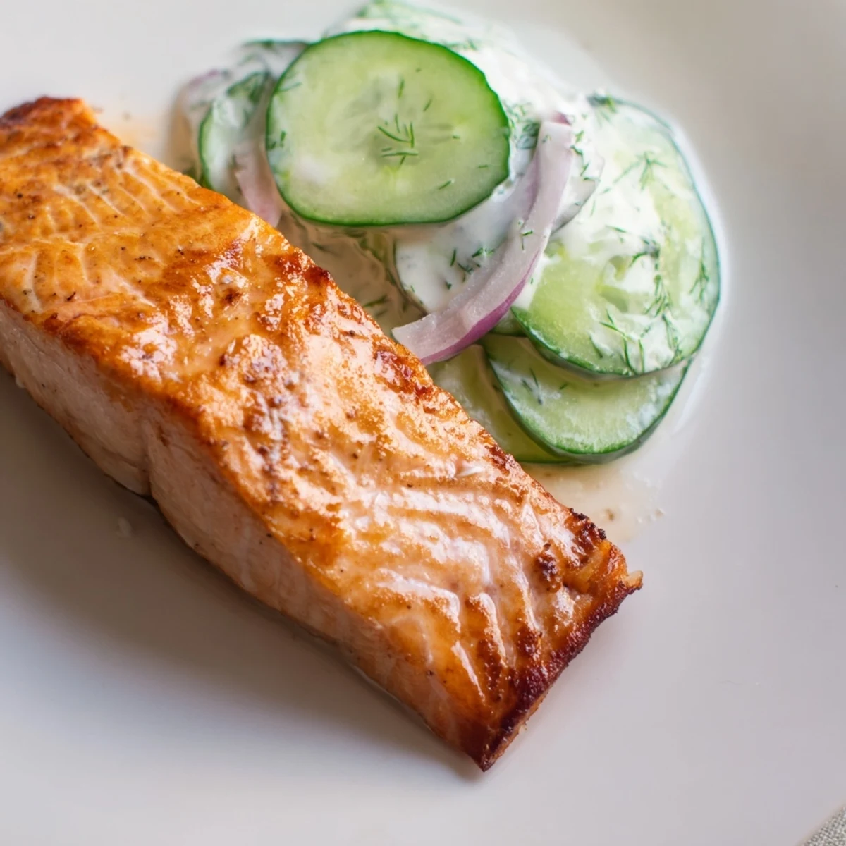 Freshly baked Lemon Dill Salmon With Creamy Cucumber Salad garnished with lemon wedges on a white plate.