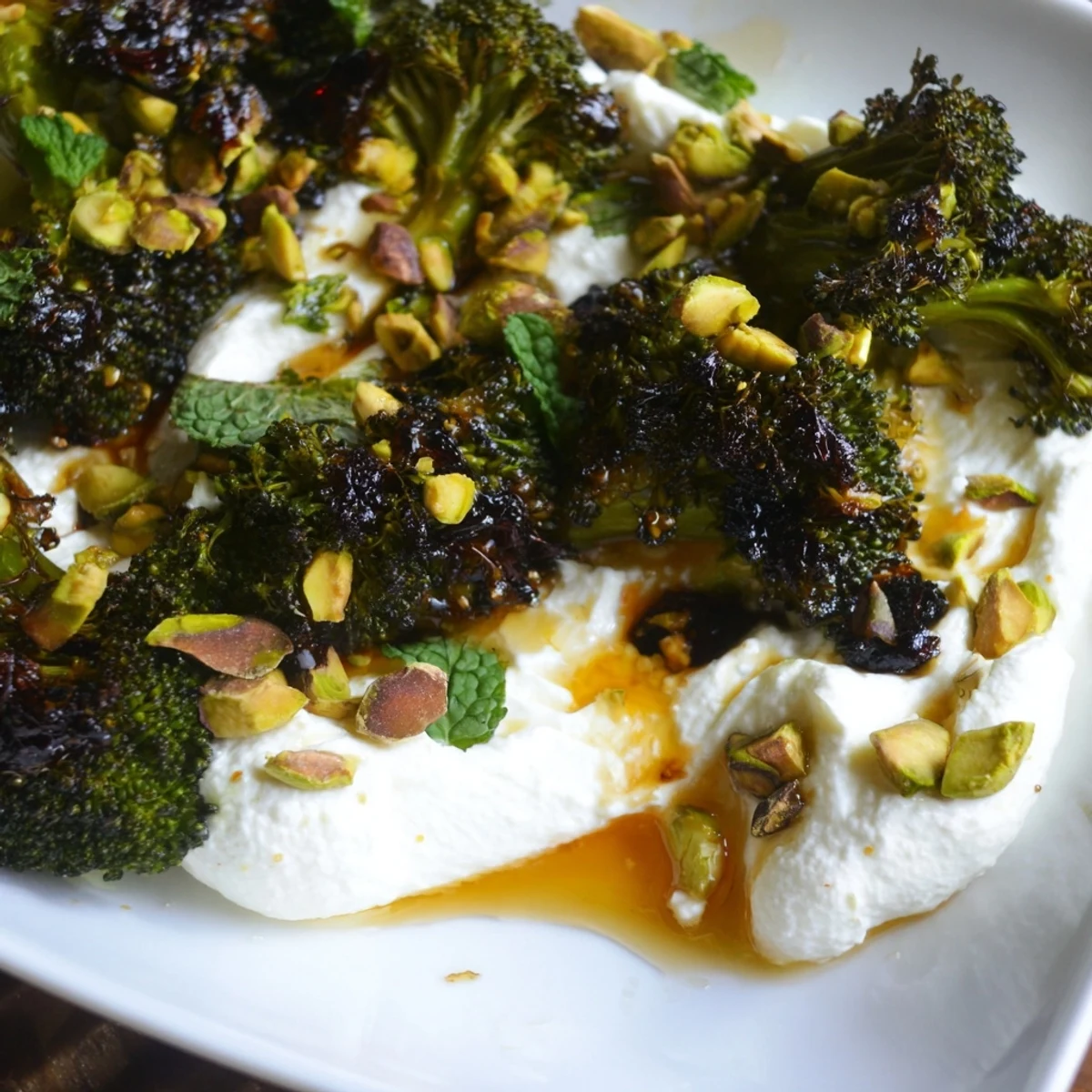 Roasted hot honey broccoli pieces piled onto smooth whipped feta, with lemon zest and herbs for a bright finish.