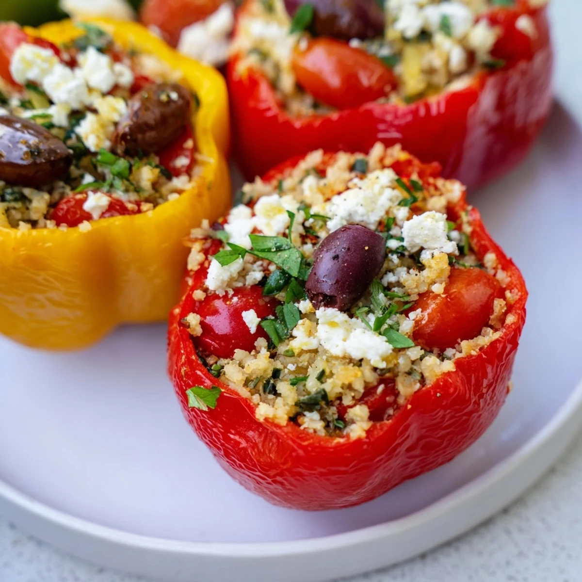 Roasted red bell peppers overflowing with Mediterranean cauliflower rice stuffed peppers, fragrant with herbs and topped with crumbled feta.